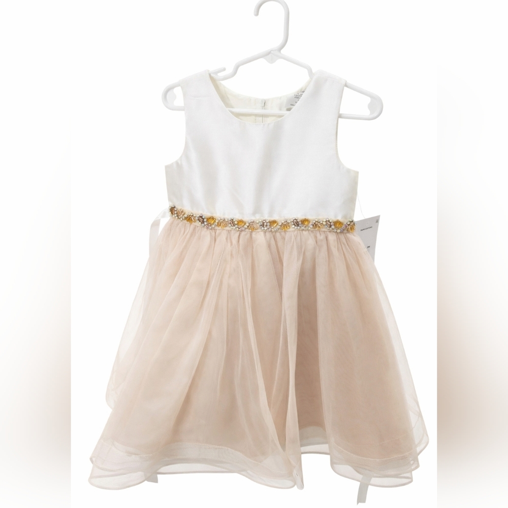 Rare Editions White and Beige Dress with Embellished Waist